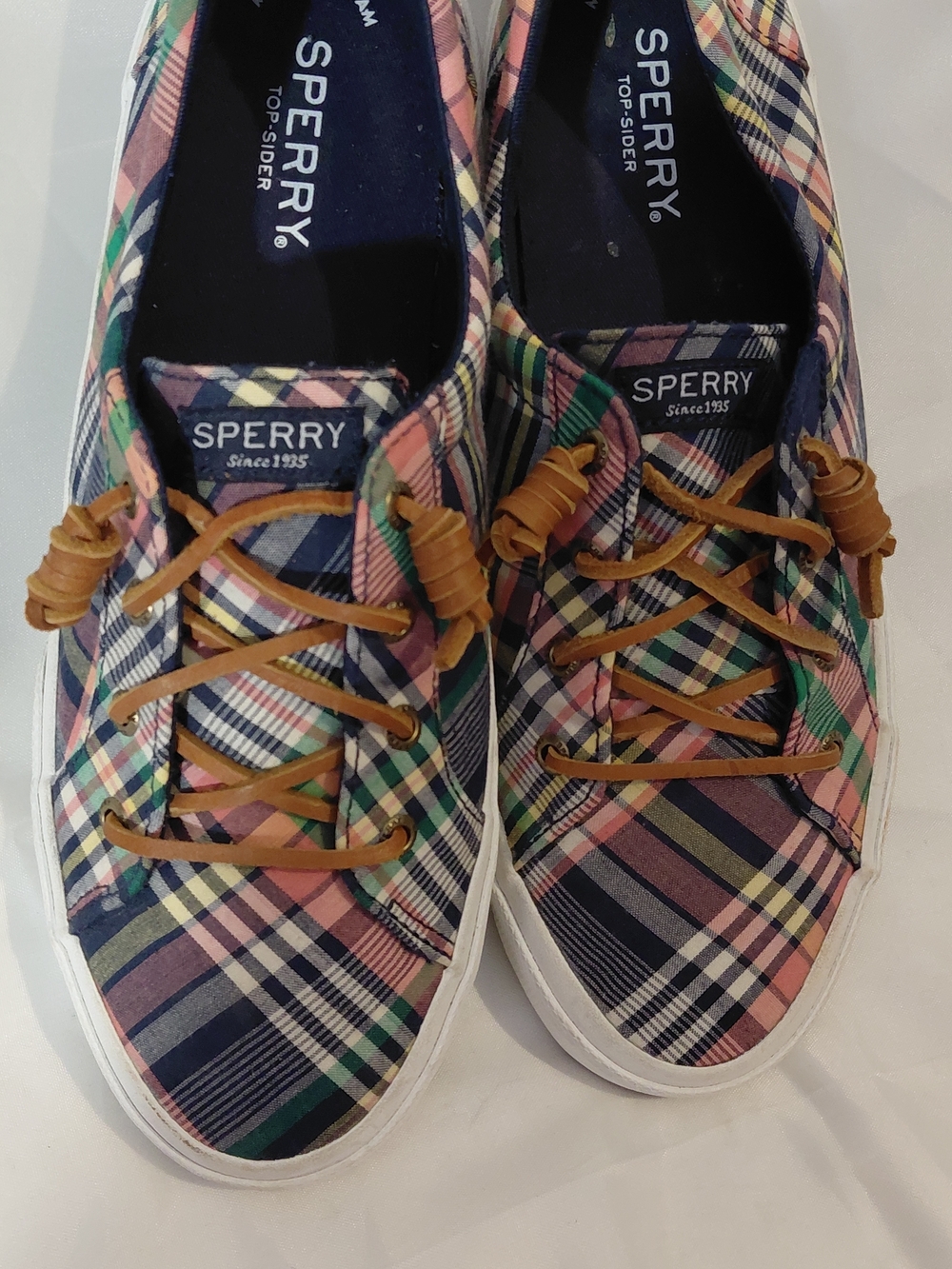 Sperry Plaid Lace-Up Sneakers in Pink, Navy & Green - Picture 2 of 11